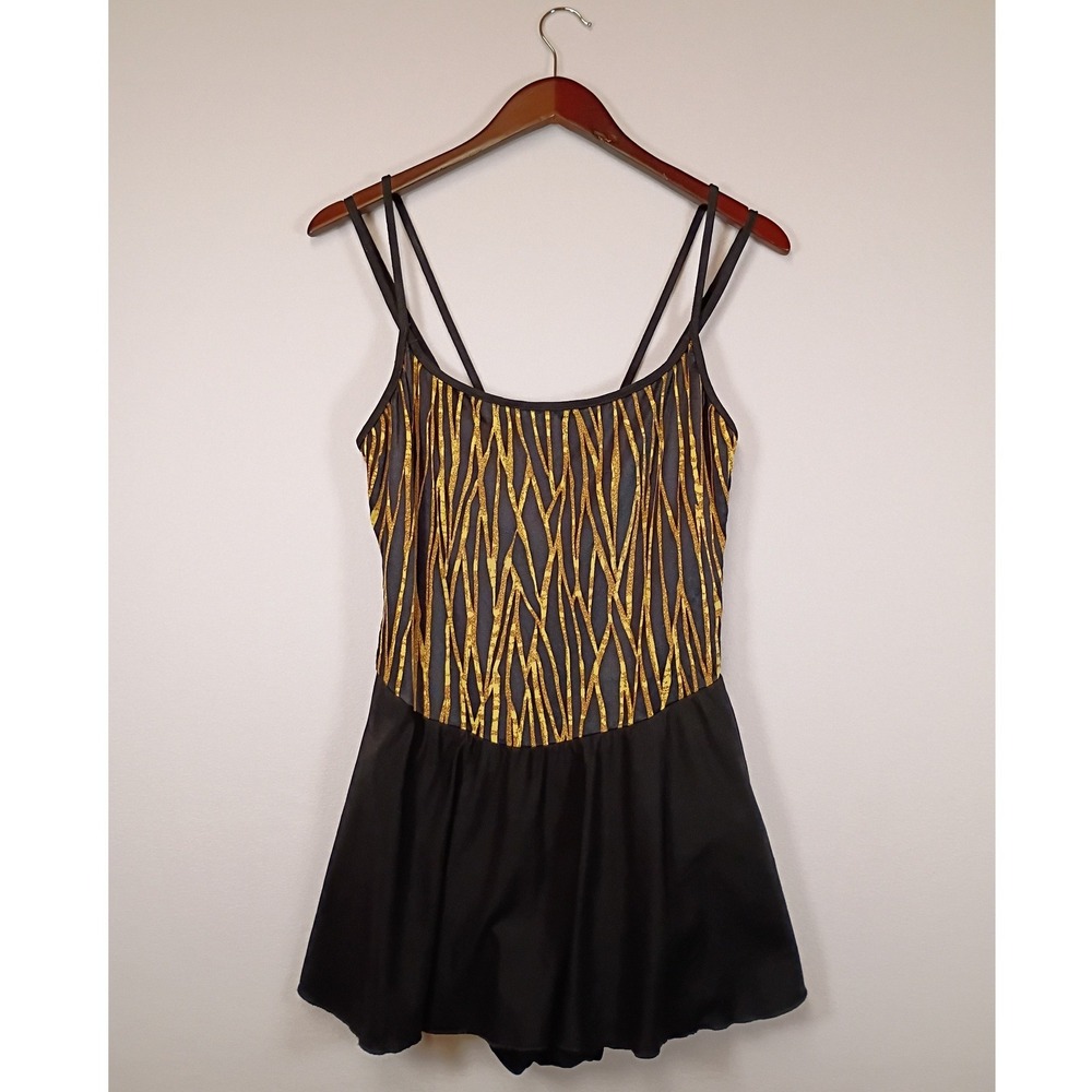 Art Deco Sirena Signatures Women M Black Gold Metallic Abstract Skirted Swimsuit